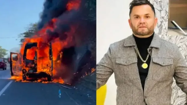 La camioneta cantante de “El Coco No”, Roberto Jr., se incendió en Nayarit