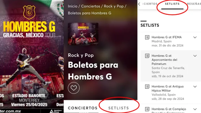 Dentro de la página o app de la empresa aparecerán los listados de canciones de los últimos shows.