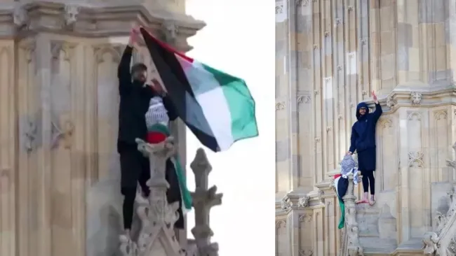 Un hombre escaló el Big Beng para alzar bandera de Palestina