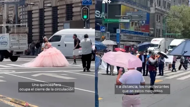 Quinceañera aprovecha manifestación para tomarse fotos en Eje Central con Bellas Artes de fondo