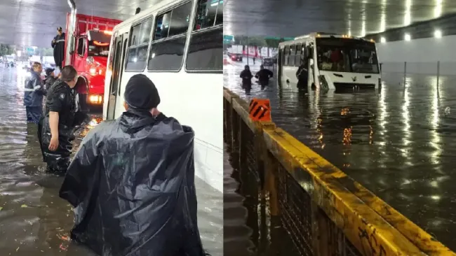 Rescatan a pasajeros atrapados en microbús tras intensas lluvias en CDMX
