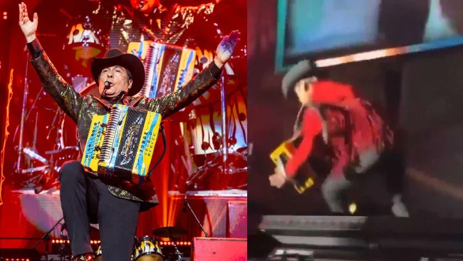Jorge Hernández de Los Tigres del Norte sufre caída en pleno concierto… ¡pero no deja de cantar!