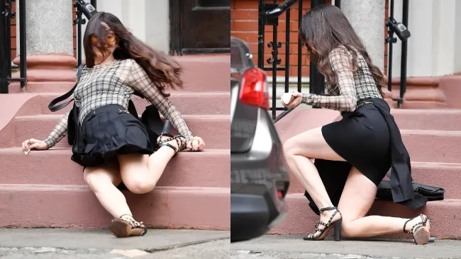 La actriz no pisó bien el escalón, por lo que se fue para abajo. 