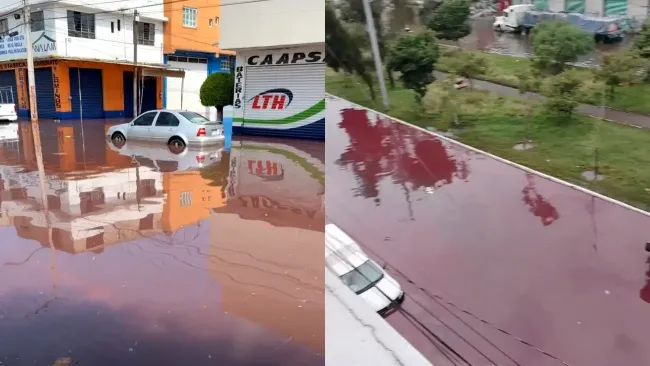 Inundación en Nezahualcóyotl sorprende con agua rosa y roja en calles y casas. Noticias en tiempo real