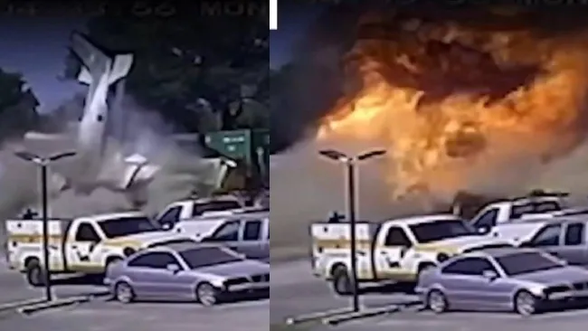 VIDEO: Avión se estrella en estacionamiento de Texas y provoca incendio de vehículos