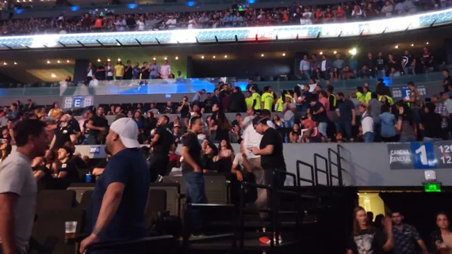 Momento en que se arma la pelea en las tribunas