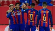 Messi celebra junto a Luis Suárez, Neymar y Denis Suárez su gol contra Sevilla