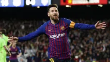 Messi en festejo de gol con el Barcelona