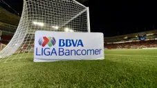 Logo de la Liga MX en la cancha del Estadio Victoria