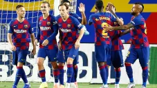 Jugadores del Barcelona, tras marcar al Leganés
