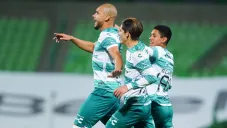 Matheus Doria en festejo, de gol ante Rayados