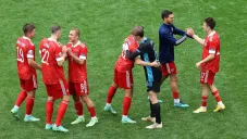 Selección de Rusia celebra victoria ante Finlandia