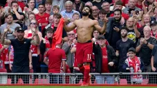 Mohamed Salah tras anotar gol a favor del Liverpool