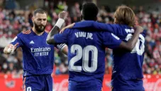 Benzema, Vinicius y Modric festejando un gol a favor del Real Madrid