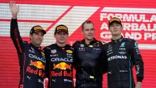 Max Verstappen, Checo Pérez y George Russell