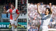 Santiago Giménez y Hugo Sánchez celebrando goles suyos