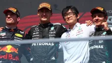 Max Verstappen, George Russell y Andrea Kimi Antonelli