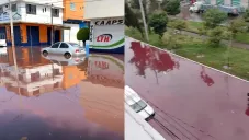 Inundación en Nezahualcóyotl sorprende con agua rosa y roja en calles y casas