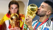 Sergio Ramos y Ángel Correa con la Copa del Mundo