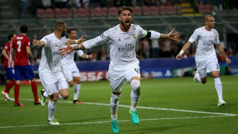 Sergio Ramos celebra su gol durante la Final frente al Atlético