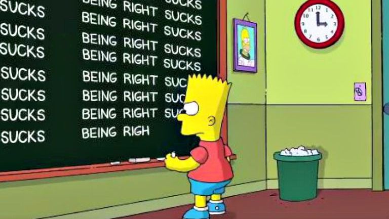 Bart Simpson escribe en el pizarrón: "Tener razón apesta"