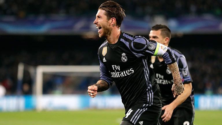 Ramos celebra un gol contra el Nápoles en Cuartos de Final de Champions 