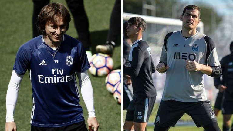 Modric y Casillas en un entrenamiento con el Madrid y el Porto, respectivamente