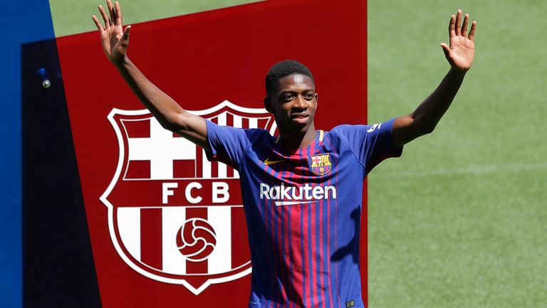 Dembelé durante su presentación en Camp Nou 