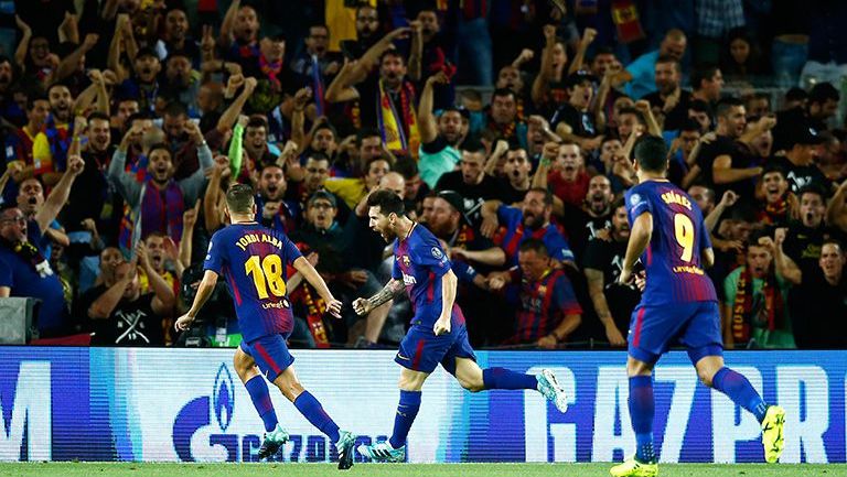 Lionel Messi festeja un gol en Champions