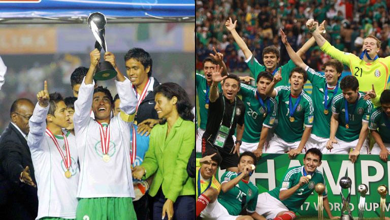 Los jugadores de las Selecciones de México en 2005 y 2011 celebran sus títulos mundiales