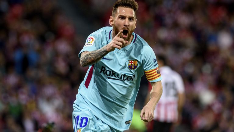 Messi celebra una anotación con el Barcelona 