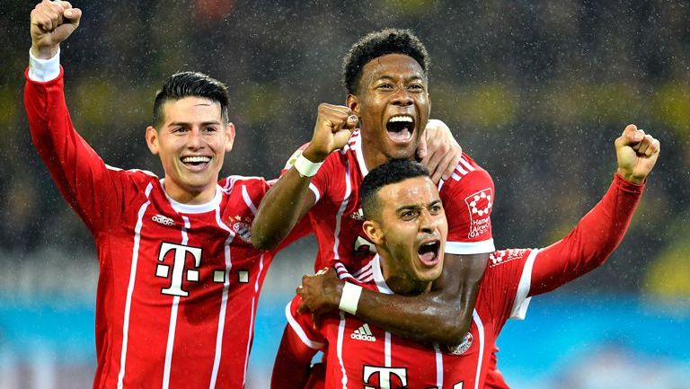 James, Alaba y Alcántara celebran un gol frente al Dortmund