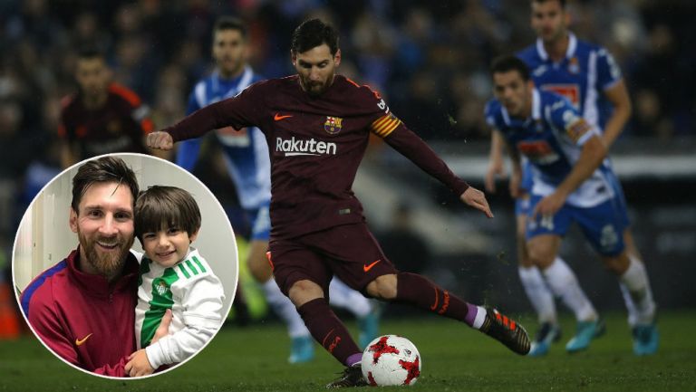 Messi saca un disparo en un partido y posa con Máximo en una foto