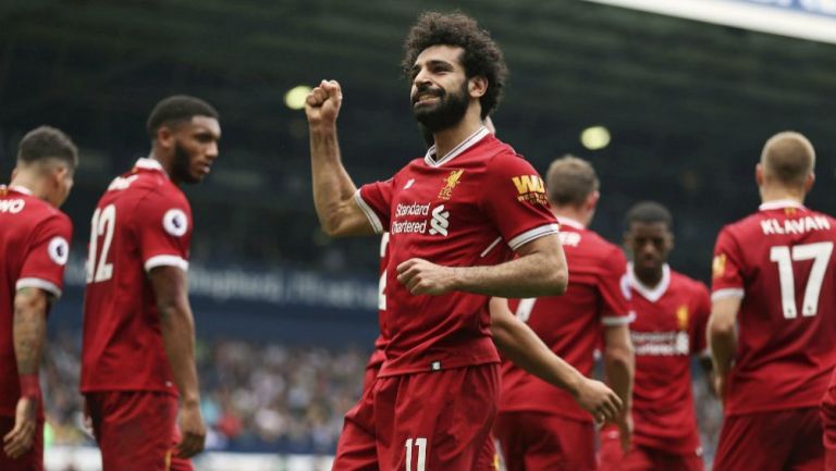Mohamed Salah festeja un gol con el Liverpool