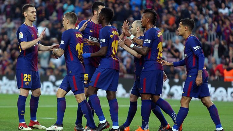 Jugadores del Barcelona celebra gol contra Villarreal 