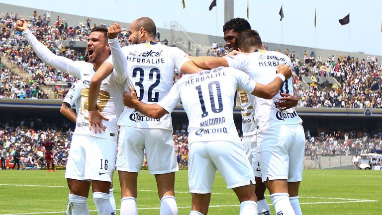 Jugadores de Pumas celebran gol contra Chivas en Liga MX