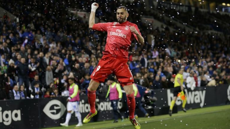 Benzema festeja su gol del empate frente al Leganés