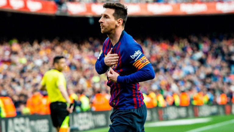 Leo Messi celebra una anotación con el Barcelona