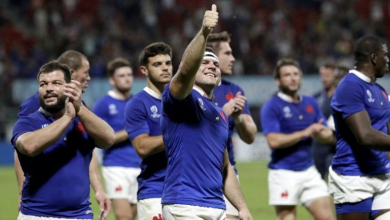 El combinado francés de rugby celebrando una anotación en el Mundial