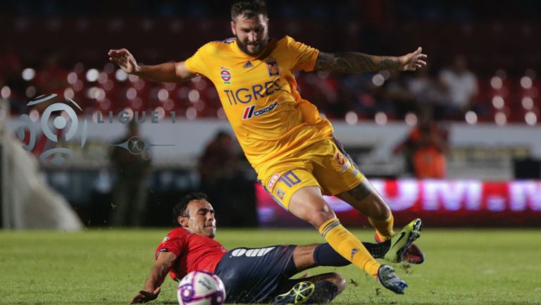 Leobardo López y André-Pierre Gignac disputan un balón