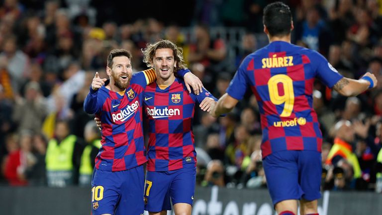 Messi, Griezmann y Suárez en el festejo de gol