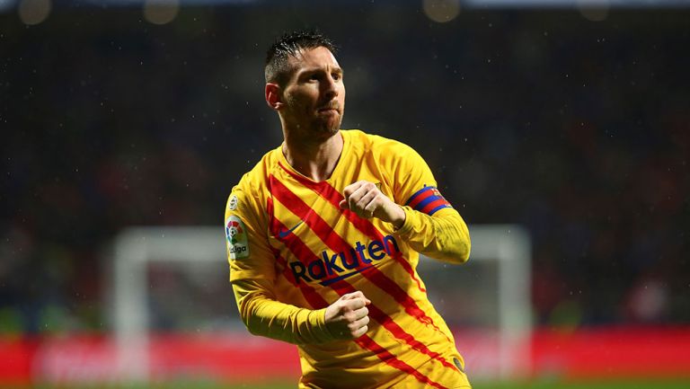 Leo Messi celebra su gol contra el Atlético