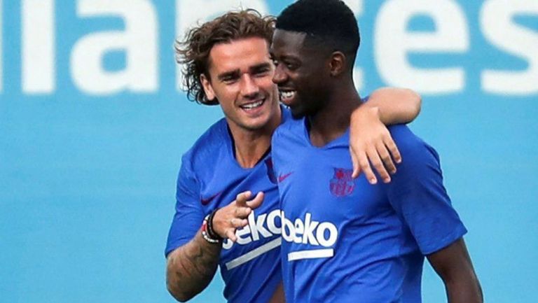 Ousmane Dembélé y Antoine Griezmann en un entrenamiento 