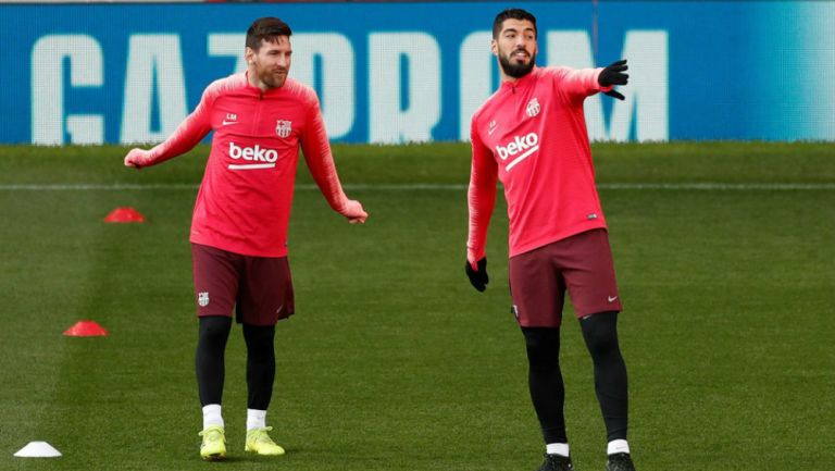 Luis Suárez y Messi en entrenamiento