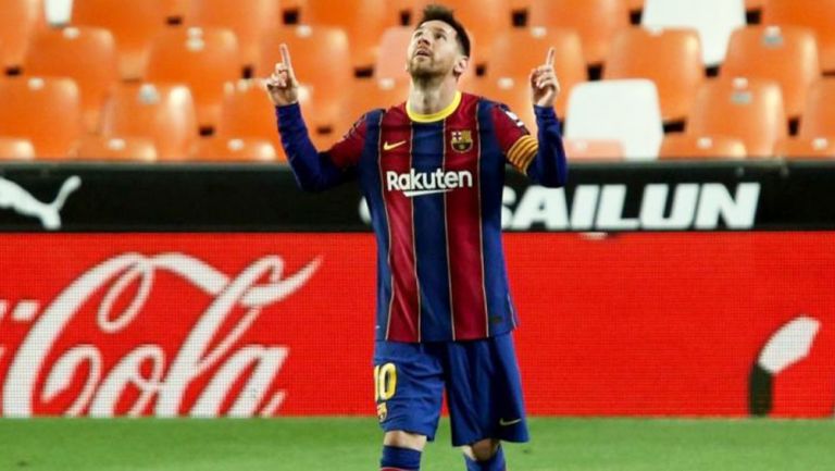 Lionel Messi tras anotar gol con el Barcelona