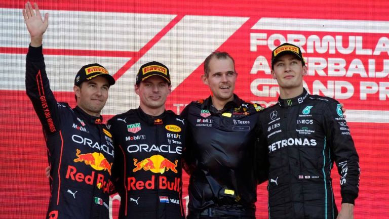 Max Verstappen, Checo Pérez y George Russell