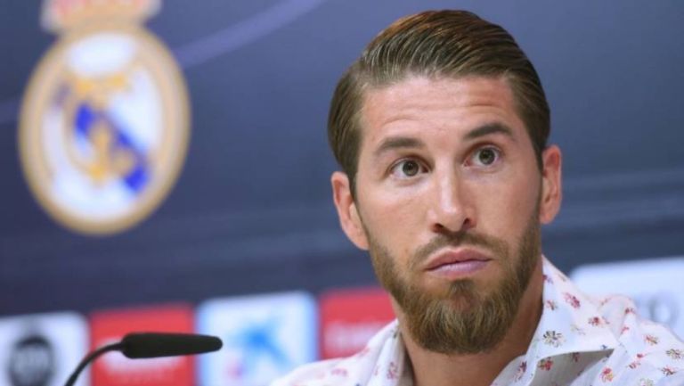 Sergio Ramos en una conferencia del Real Madrid