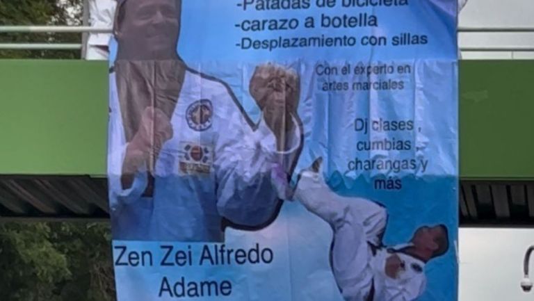 Lona anunciando clases de karate con Alfredo Adame